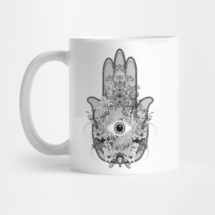 artistically decorated hand of Fatima with eye Mug